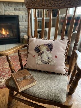 Vintage Cross Stitch Puppy Decorative Pillow with Beaded Trim- Pink